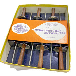 Vintage Hors D’oeuvre Skewer Set of 6 Rosewood & Stainless Steel Made in Japan